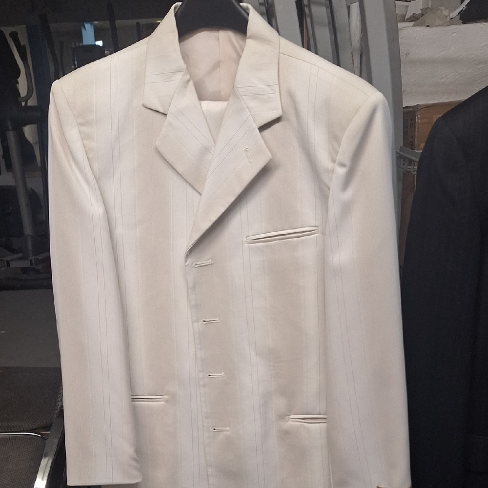 Boys Cream Pinstripe Blazer - Brand Falcone. Jacket And Pants